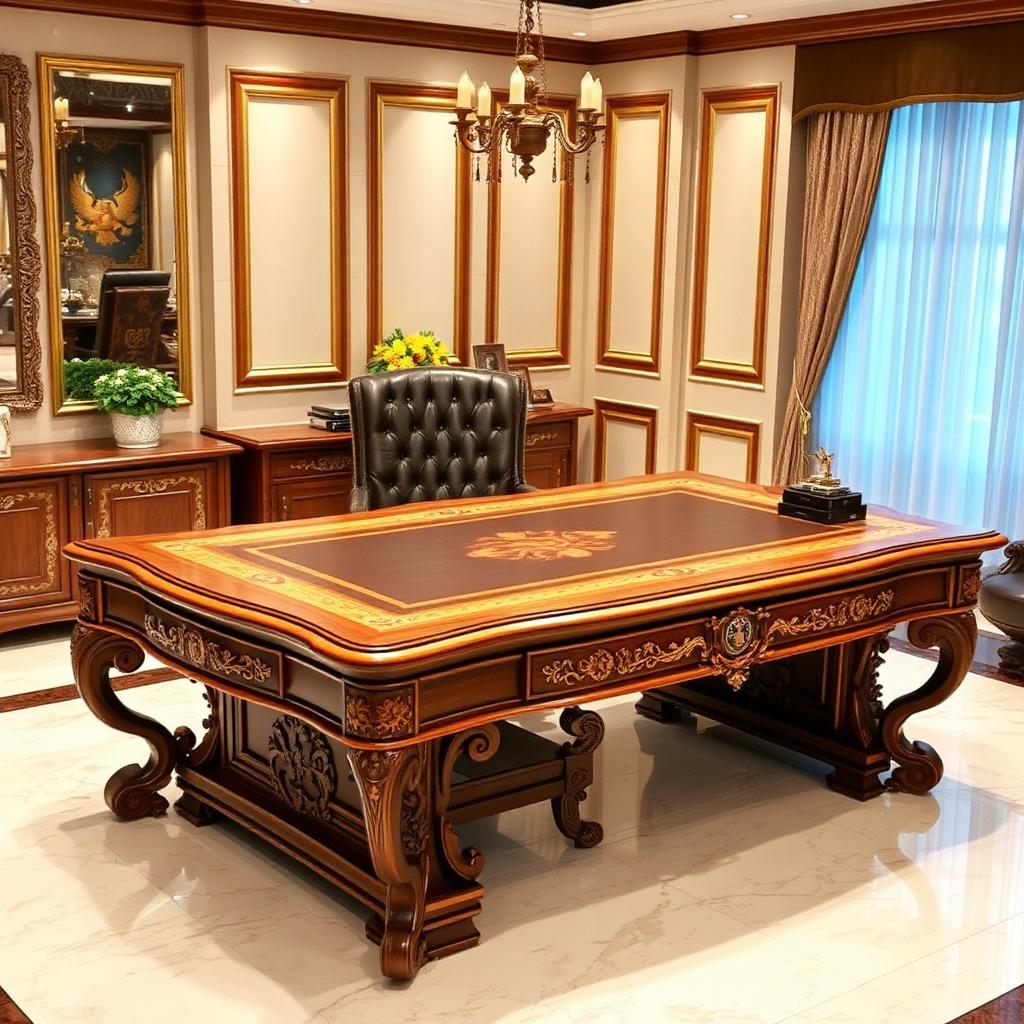 Luxurious executive office with a walnut and brass desk in soft natural light